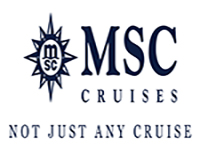 White Background with Blue Letters that says MSC Cruises, Not just any cruise and the Sun Logo